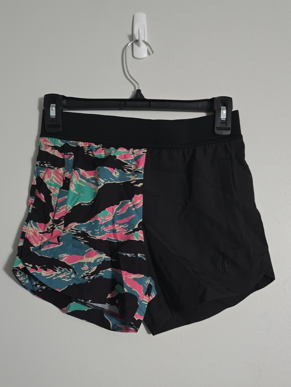 Women's Black Athletic Shorts with Pink & Teal Print Panel